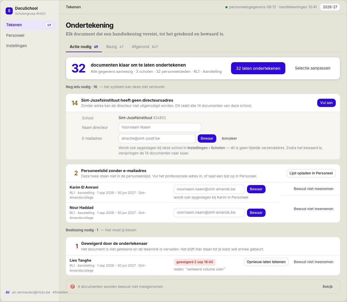 Ontwerpmockup van digitaal ondertekenen: documenten die klaarstaan, ontbrekende gegevens en beslissingen die aandacht vragen.